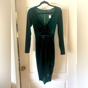 Velvet dark green long sleeved dress! Slit front, V wrap top. Never worn!